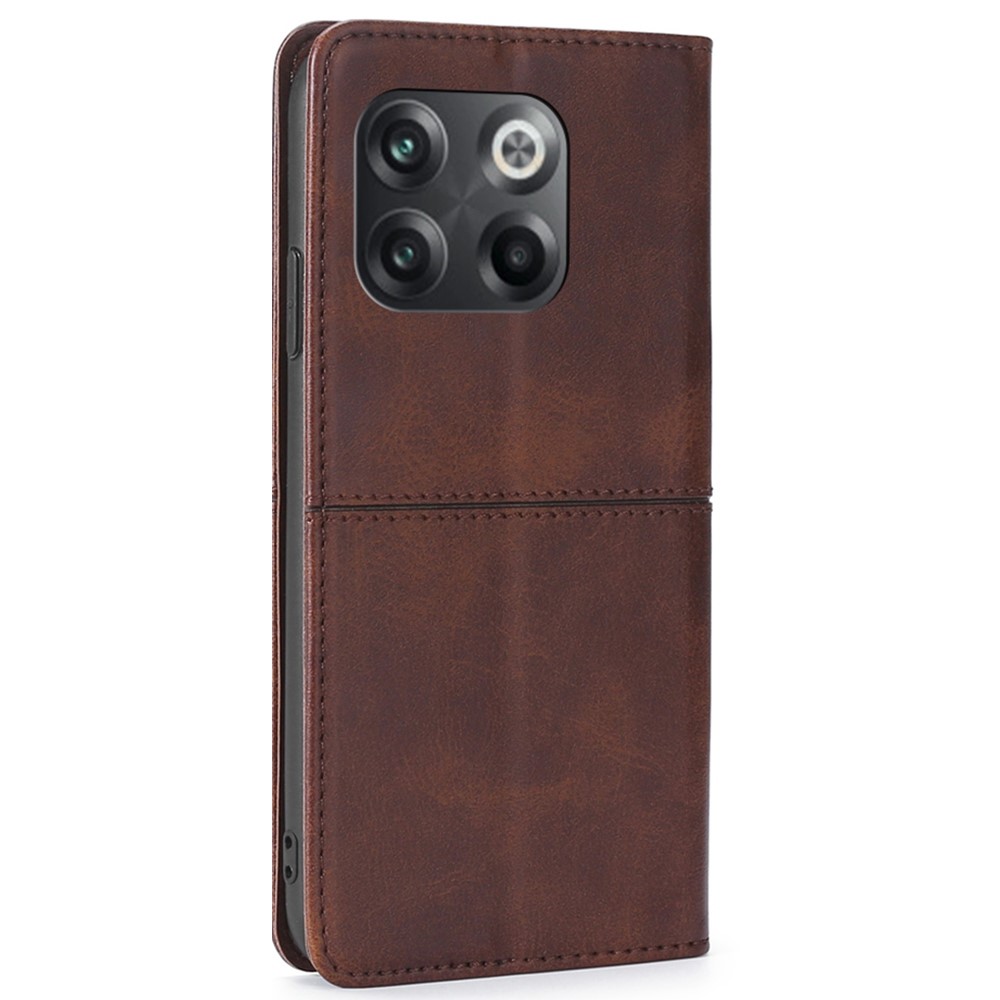 For OnePlus 10T 5G Anti-fall Phone Case Magnetic Auto-absorbed PU Leather Cowhide Textured Stand Phone Cover with Card Slots - Brown-8