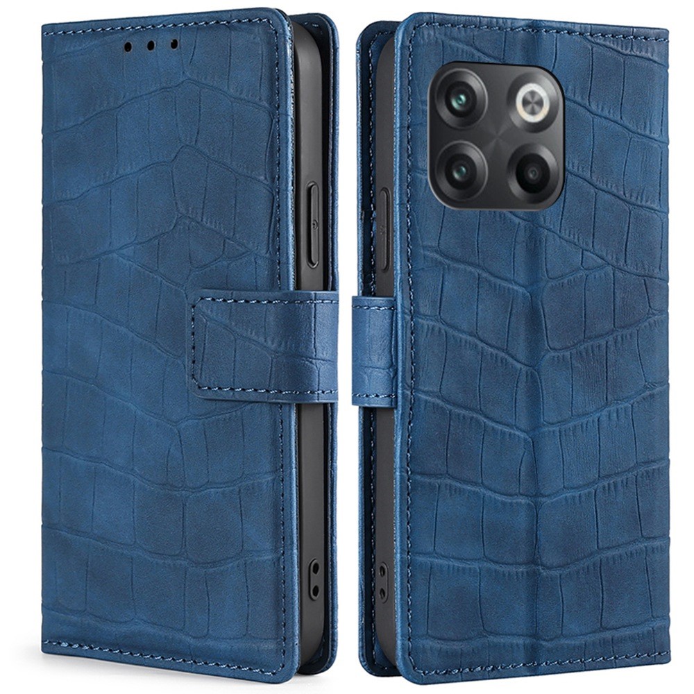For OnePlus 10T 5G PU Leather Crocodile Texture Phone Flip Wallet Case Skin-touch Feeling Stand Protective Cover - Blue-1