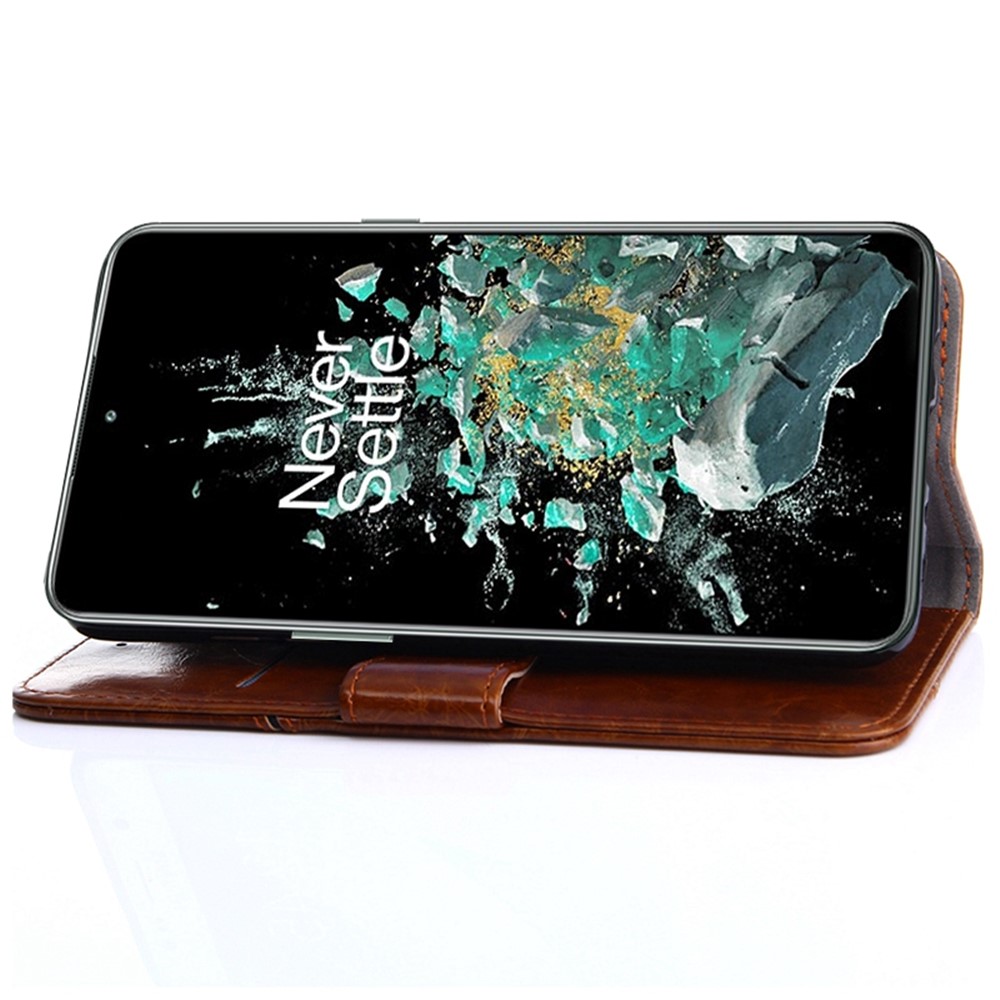 For OnePlus 10T 5G Shockproof Phone Case Splicing Geometric Pattern PU Leather Stand Wallet Folio Flip Cover - Dark Brown-3