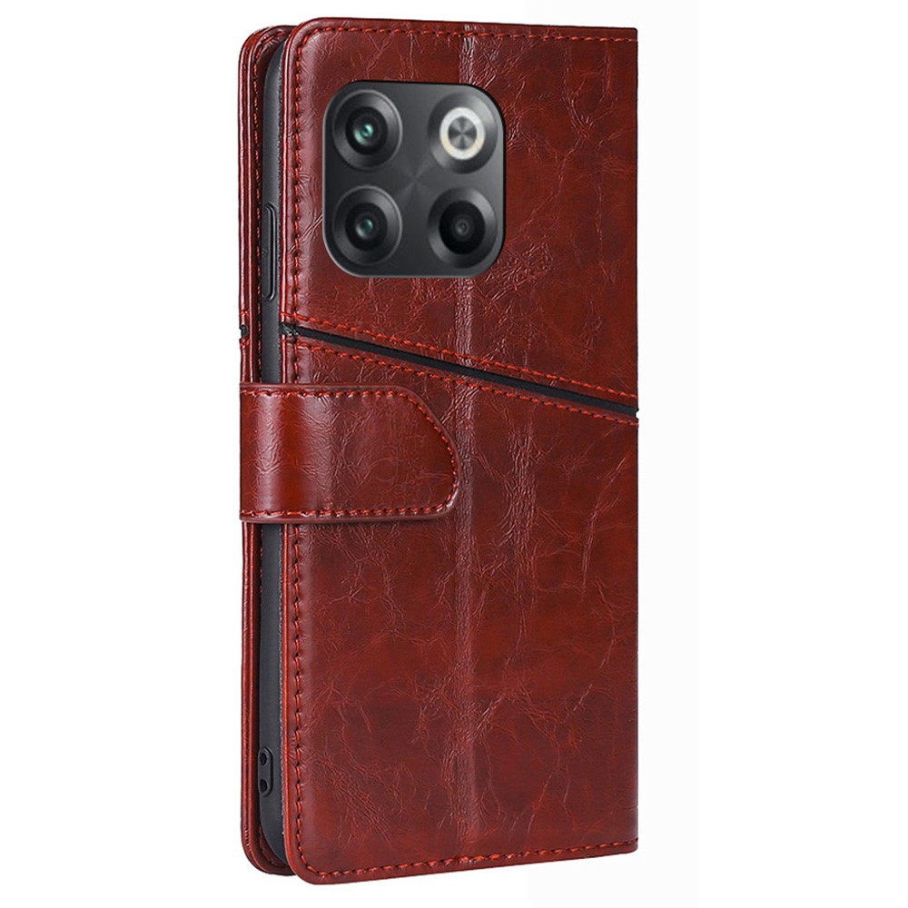 For OnePlus 10T 5G Shockproof Phone Case Splicing Geometric Pattern PU Leather Stand Wallet Folio Flip Cover - Dark Brown-8