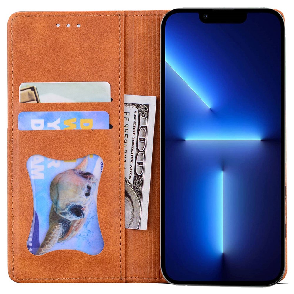 Business Style Splicing Phone Cover for iPhone 14 6.1 inch, Stand Wallet PU Leather Auto Closing Magnetic Protective Cover - Brown-2