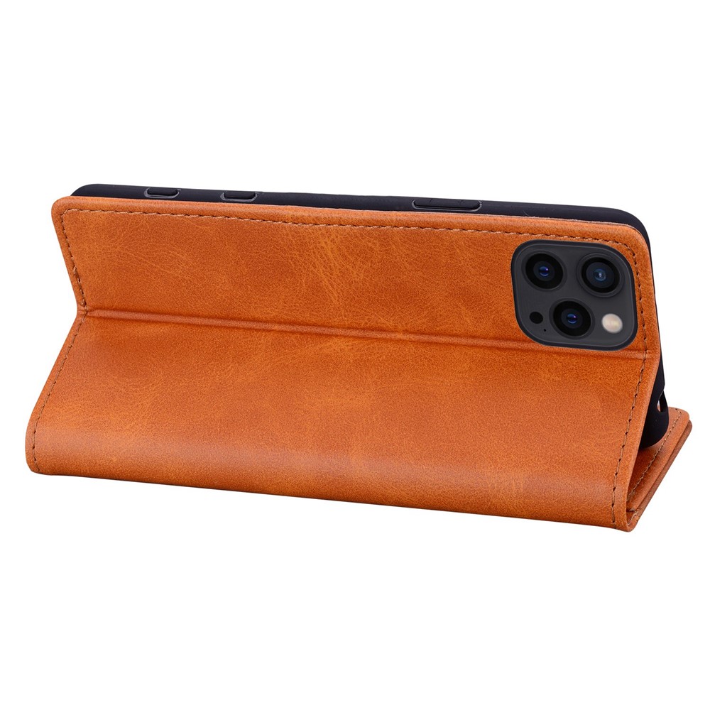 Business Style Splicing Phone Cover for iPhone 14 6.1 inch, Stand Wallet PU Leather Auto Closing Magnetic Protective Cover - Brown-4