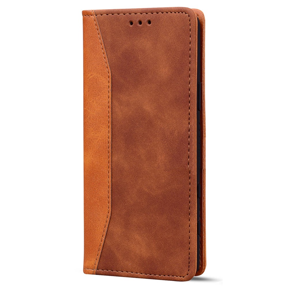 Business Style Splicing Phone Cover for iPhone 14 6.1 inch, Stand Wallet PU Leather Auto Closing Magnetic Protective Cover - Brown-9