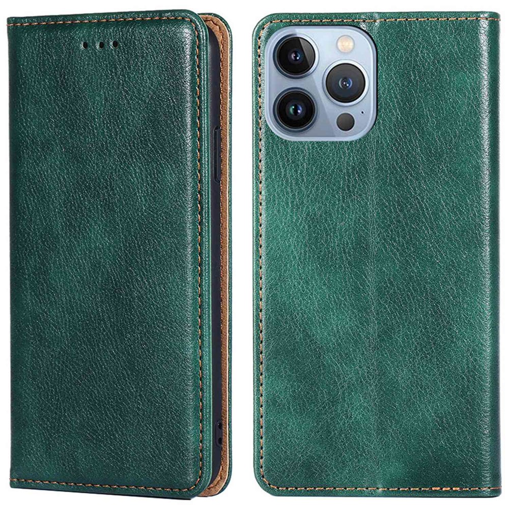 For iPhone 14 Pro Max 6.7 inch Anti-drop PU Leather Phone Case Scratch-resistant Flip Folio Wallet Cover Stand Magnetic Absorption Phone Shell - Green-1