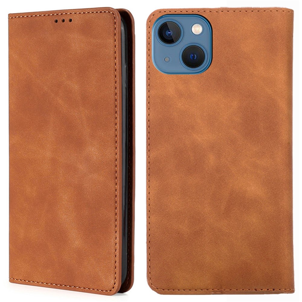 For iPhone 14 6.1 inch Skin-touch PU Leather Phone Cover Stand Hidden Magnetic Adsorption Shockproof Flip Case - Light Brown-1