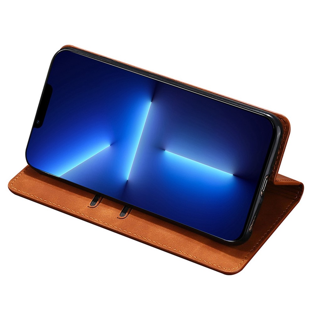 For iPhone 14 6.1 inch Skin-touch PU Leather Phone Cover Stand Hidden Magnetic Adsorption Shockproof Flip Case - Light Brown-2