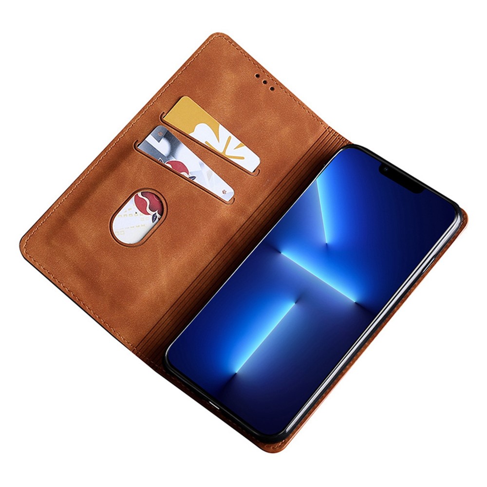 For iPhone 14 6.1 inch Skin-touch PU Leather Phone Cover Stand Hidden Magnetic Adsorption Shockproof Flip Case - Light Brown-3