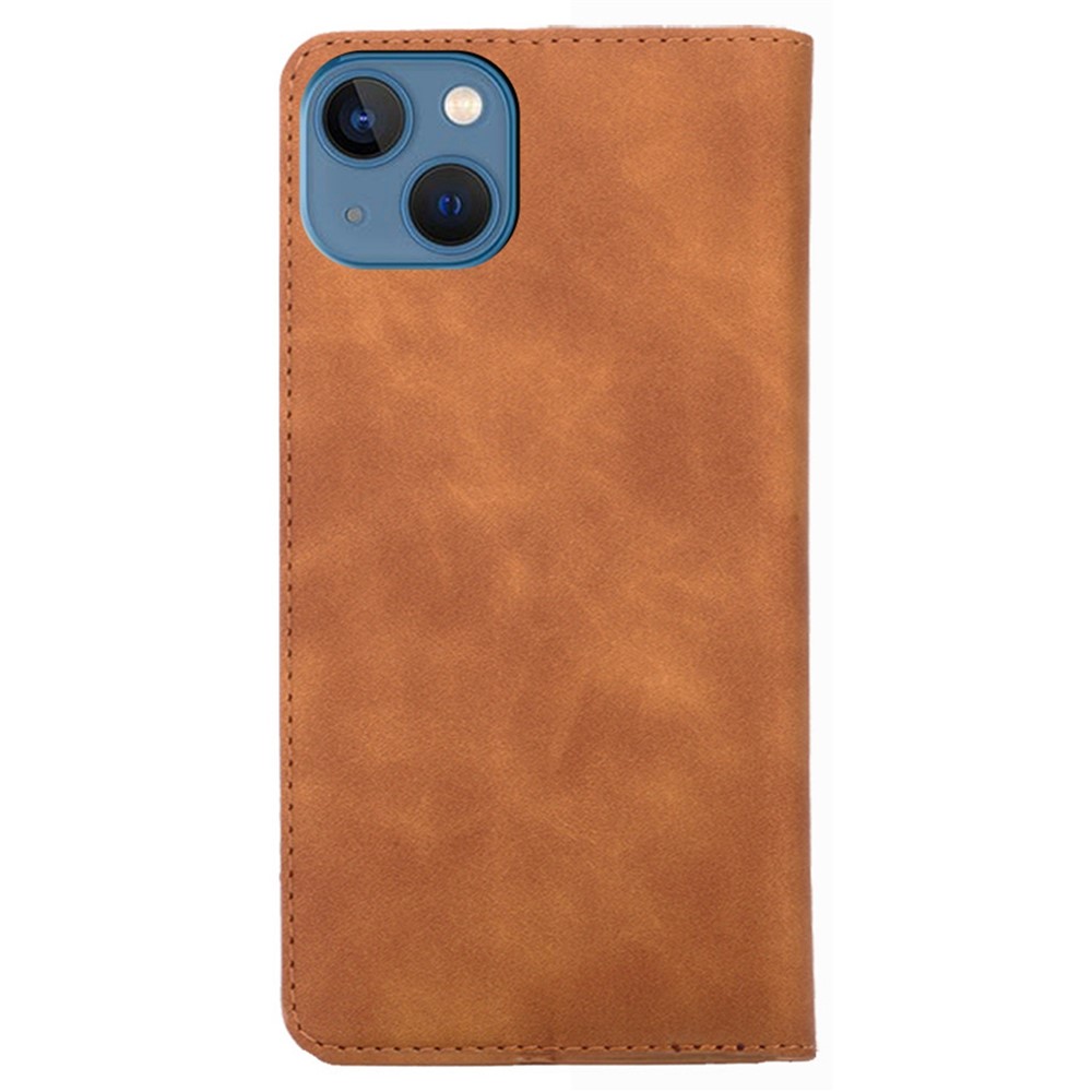 For iPhone 14 6.1 inch Skin-touch PU Leather Phone Cover Stand Hidden Magnetic Adsorption Shockproof Flip Case - Light Brown-7