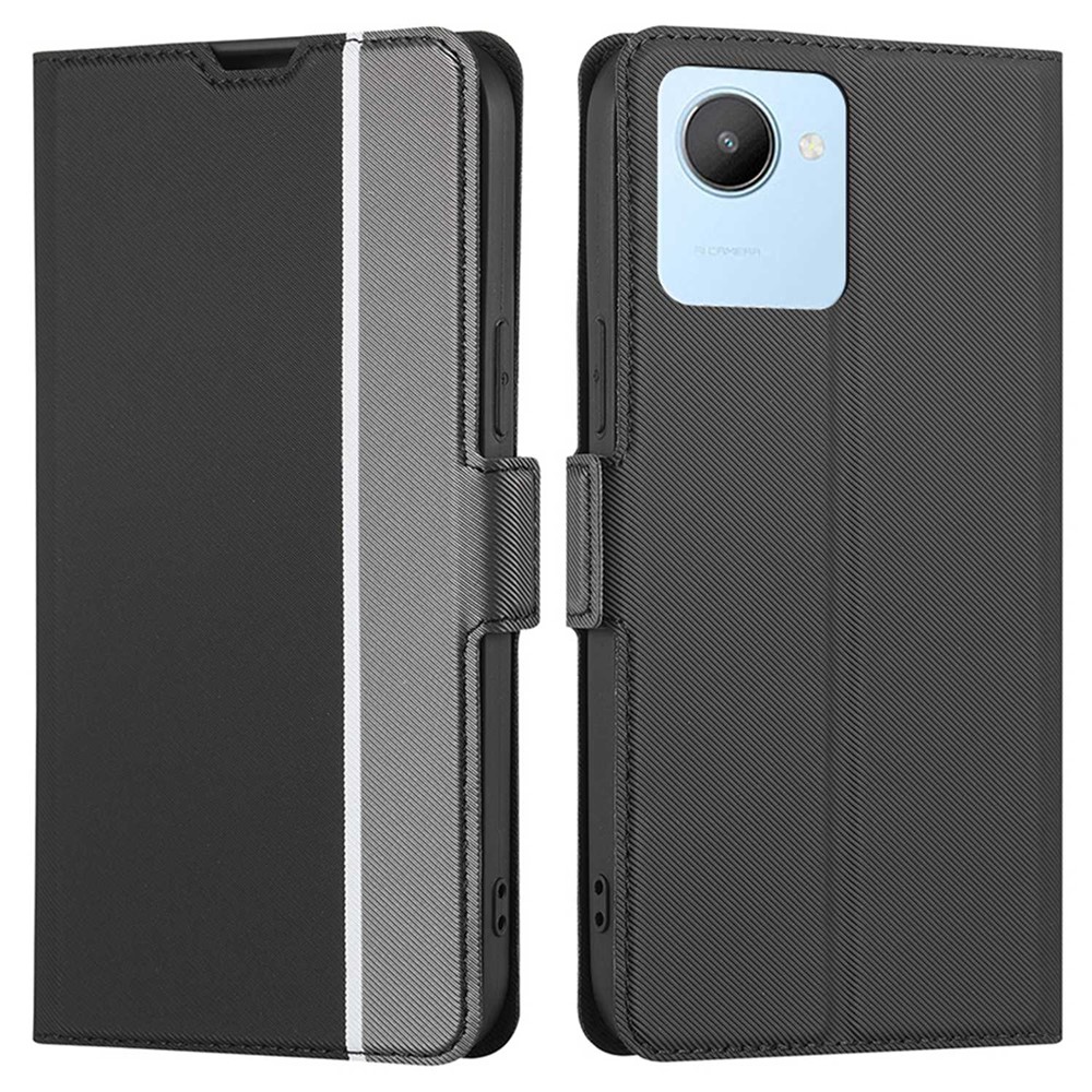 For Realme C30 4G / Narzo 50i Prime 4G Twill Texture PU Leather Folio Phone Case with Card Holder Dual Magnetic Clasp Stand Mobile Phone Protective Cover - Black-1