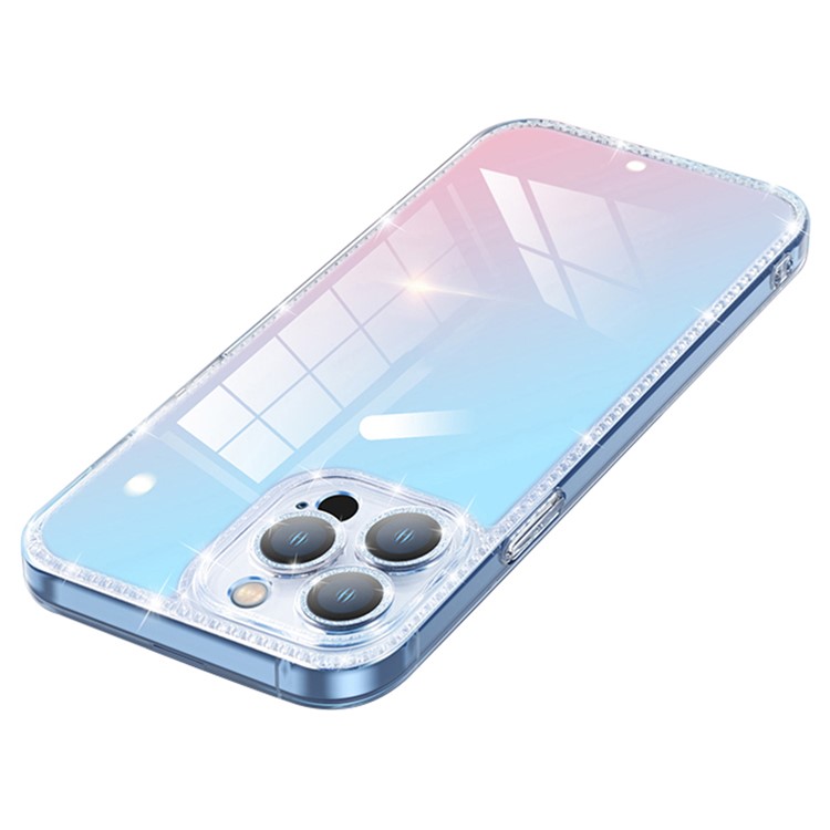 YOOBAO For iPhone 13 Pro 6.1 inch Gradient Color Phone Case Glitter Lens Circle Tempered Glass Back Soft TPU Edges Anti-Scratch Shockproof Cover - Blue Pink-1
