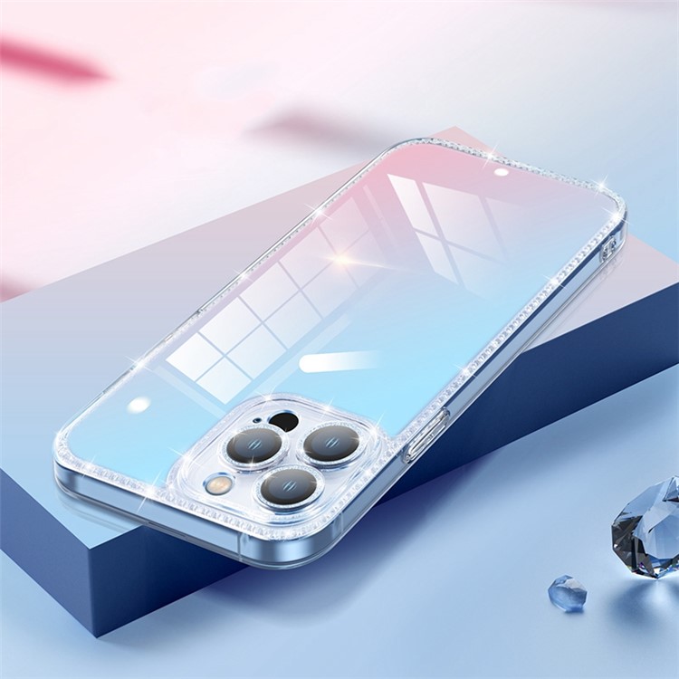 YOOBAO For iPhone 13 Pro 6.1 inch Gradient Color Phone Case Glitter Lens Circle Tempered Glass Back Soft TPU Edges Anti-Scratch Shockproof Cover - Blue Pink-2