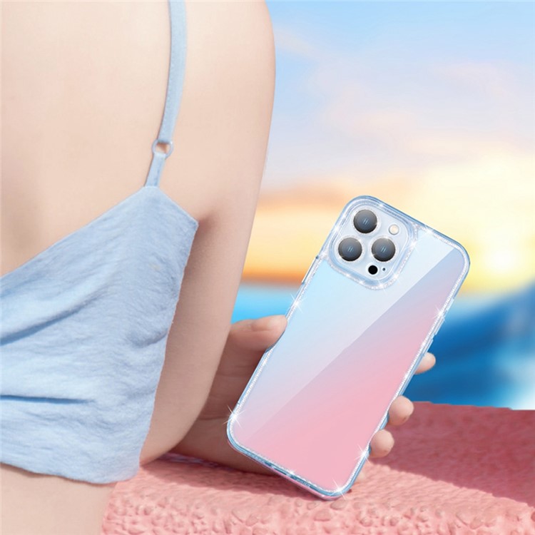 YOOBAO For iPhone 13 Pro 6.1 inch Gradient Color Phone Case Glitter Lens Circle Tempered Glass Back Soft TPU Edges Anti-Scratch Shockproof Cover - Blue Pink-3