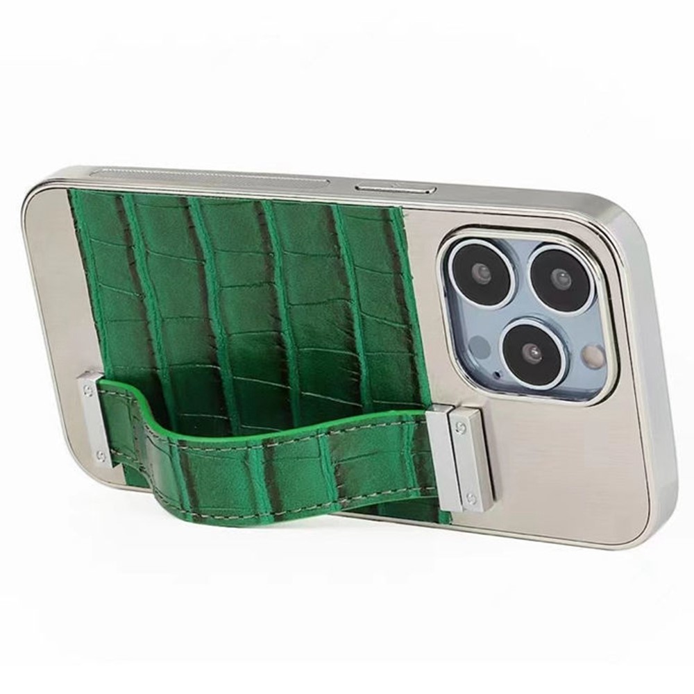 For iPhone 14 Max 6.7 inch Hand Strap Kickstand Phone Drop-proof Case Electroplating Crocodile Texture PU Leather Splicing PC+Metal Cover - Green / Silver-3