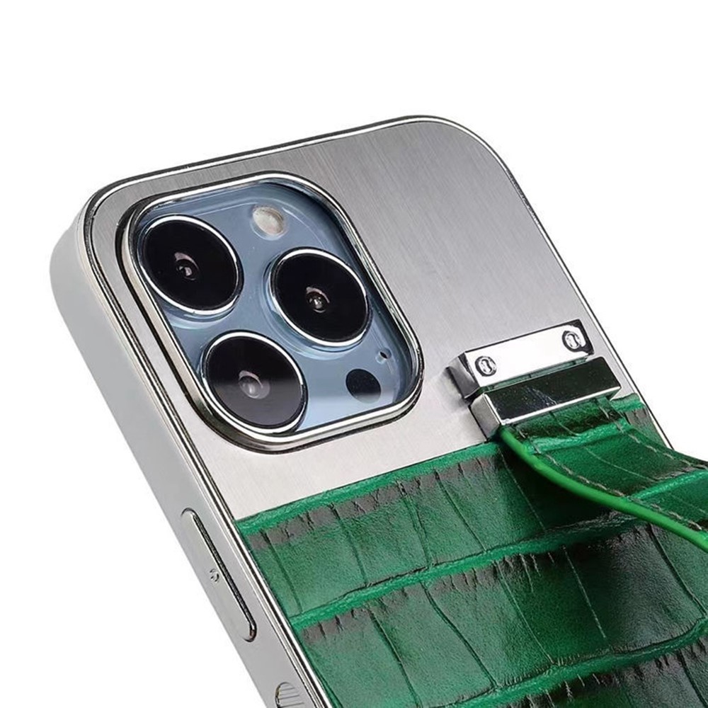 For iPhone 14 Max 6.7 inch Hand Strap Kickstand Phone Drop-proof Case Electroplating Crocodile Texture PU Leather Splicing PC+Metal Cover - Green / Silver-5