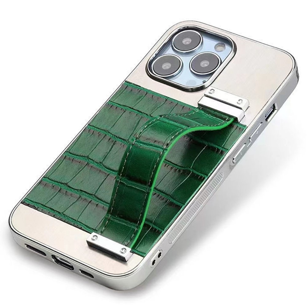 For iPhone 14 Max 6.7 inch Hand Strap Kickstand Phone Drop-proof Case Electroplating Crocodile Texture PU Leather Splicing PC+Metal Cover - Green / Silver-6
