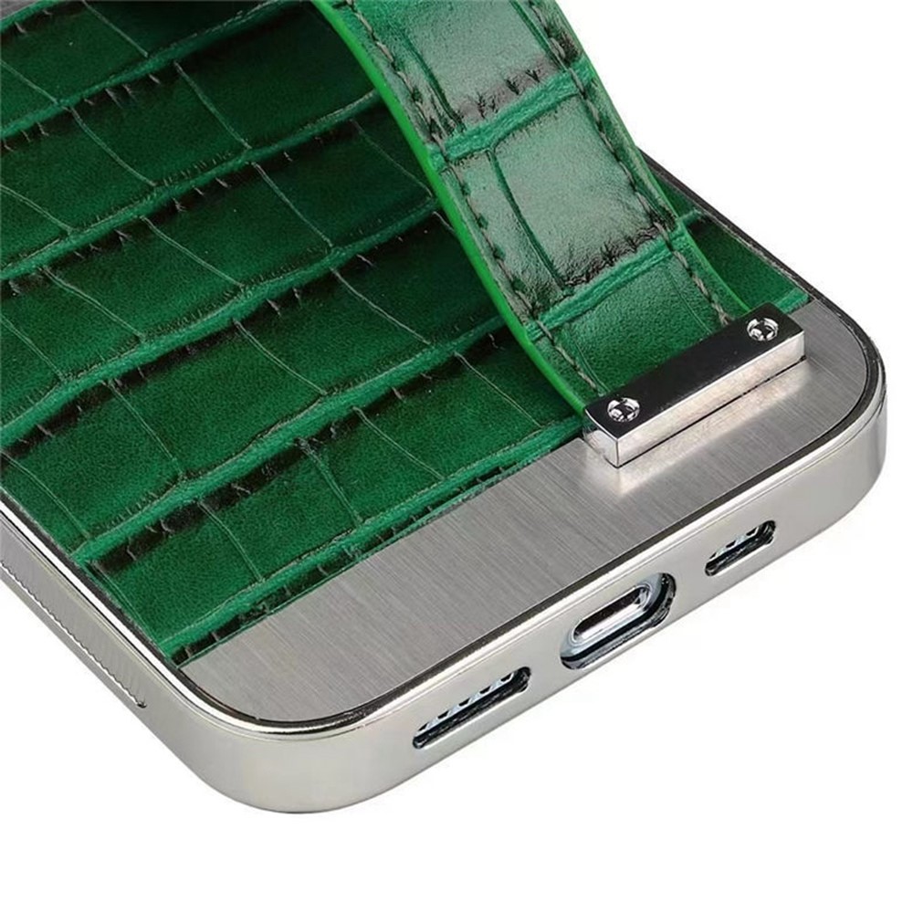 For iPhone 14 Max 6.7 inch Hand Strap Kickstand Phone Drop-proof Case Electroplating Crocodile Texture PU Leather Splicing PC+Metal Cover - Green / Silver-7