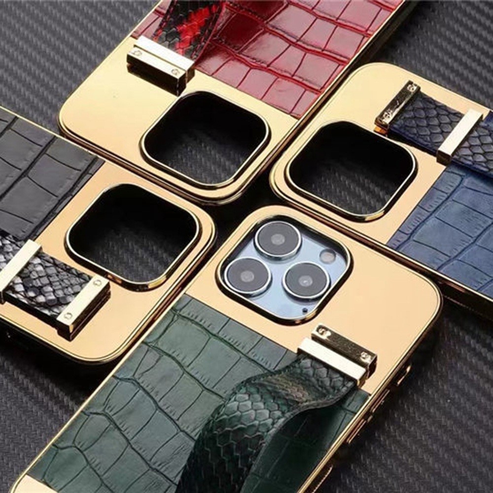 For iPhone 14 Max 6.7 inch Hand Strap Kickstand Phone Drop-proof Case Electroplating Crocodile Texture PU Leather Splicing PC+Metal Cover - Green / Silver-8