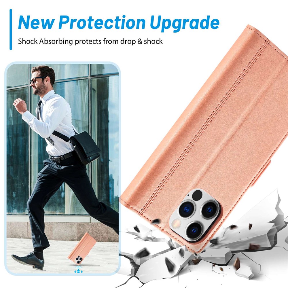 LC.IMEEKE for iPhone 14 Pro 6.1 inch PU Leather Cover Stand Wallet Double Magnetic Clasps Phone Drop-proof Case - Pink-4