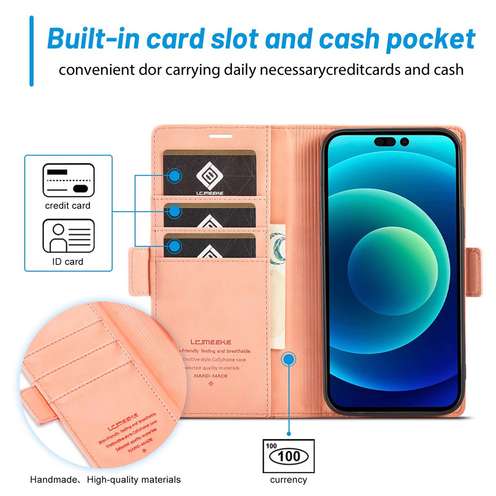 LC.IMEEKE for iPhone 14 Pro 6.1 inch PU Leather Cover Stand Wallet Double Magnetic Clasps Phone Drop-proof Case - Pink-8