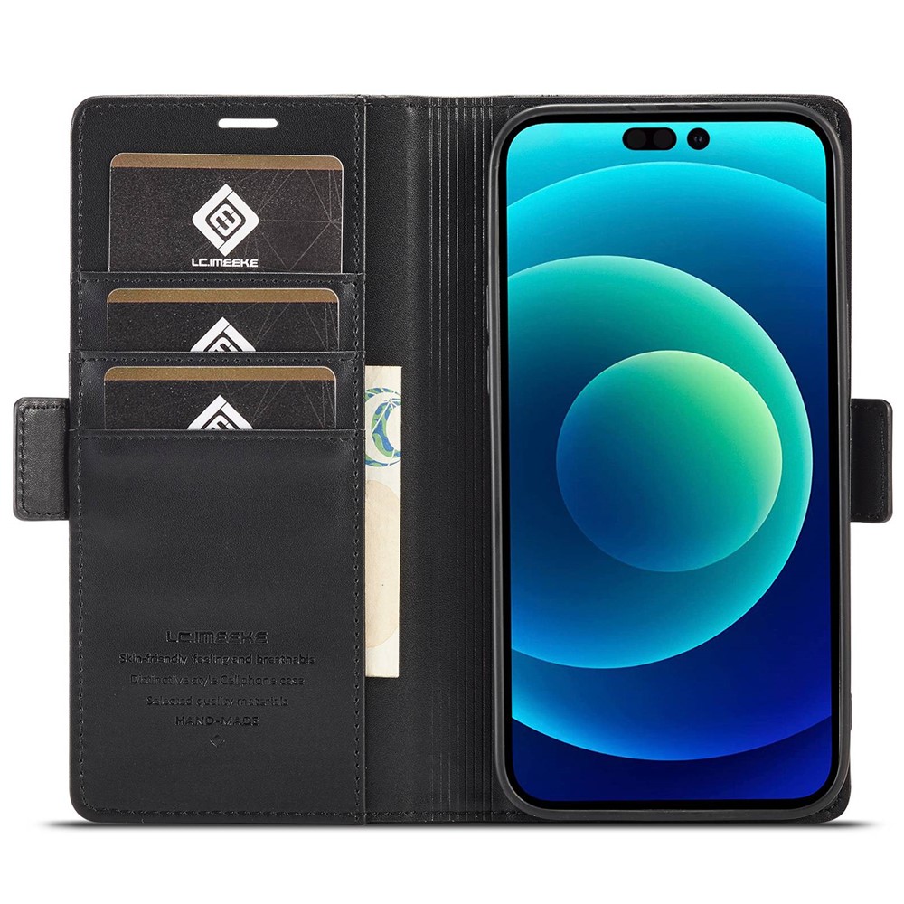 LC.IMEEKE for iPhone 14 Pro Max 6.7 inch PU Leather Phone Stand Cover Double Magnetic Clasps Drop-proof Case with Wallet - Black-2