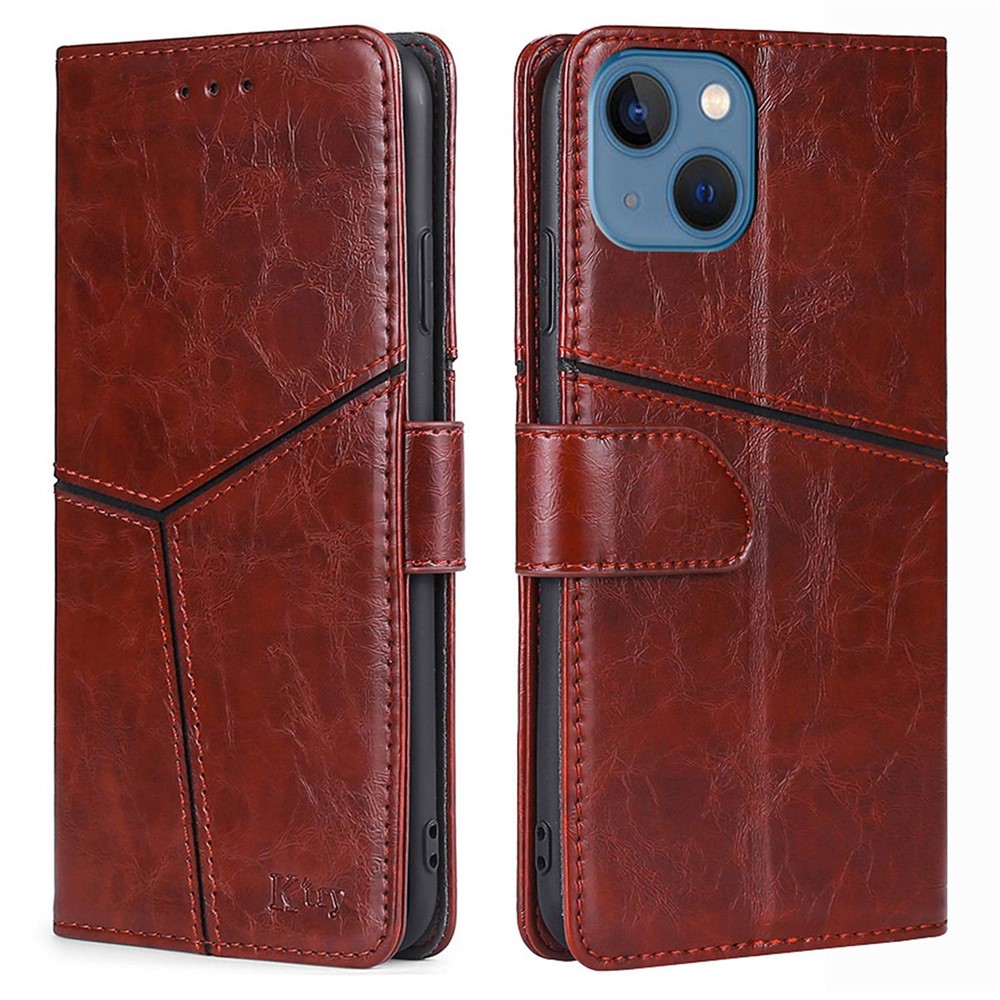 For iPhone 14 6.1 inch Anti-drop PU Leather Phone Case Splicing Geometric Pattern Protective Mobile Phone Wallet Cover with Stand - Dark Brown-1