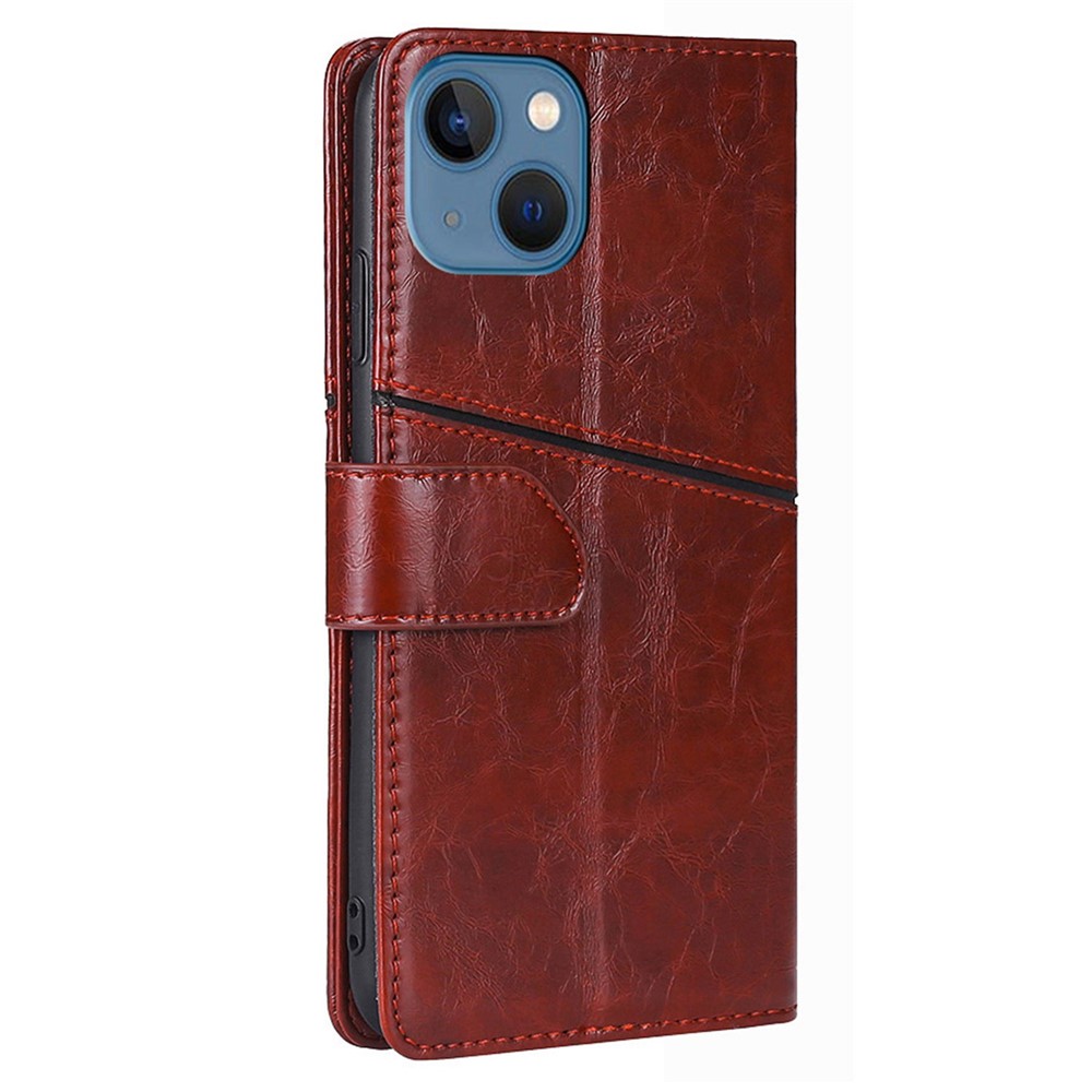 For iPhone 14 6.1 inch Anti-drop PU Leather Phone Case Splicing Geometric Pattern Protective Mobile Phone Wallet Cover with Stand - Dark Brown-10