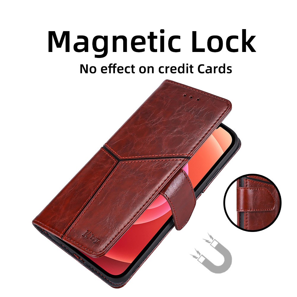 For iPhone 14 6.1 inch Anti-drop PU Leather Phone Case Splicing Geometric Pattern Protective Mobile Phone Wallet Cover with Stand - Dark Brown-8
