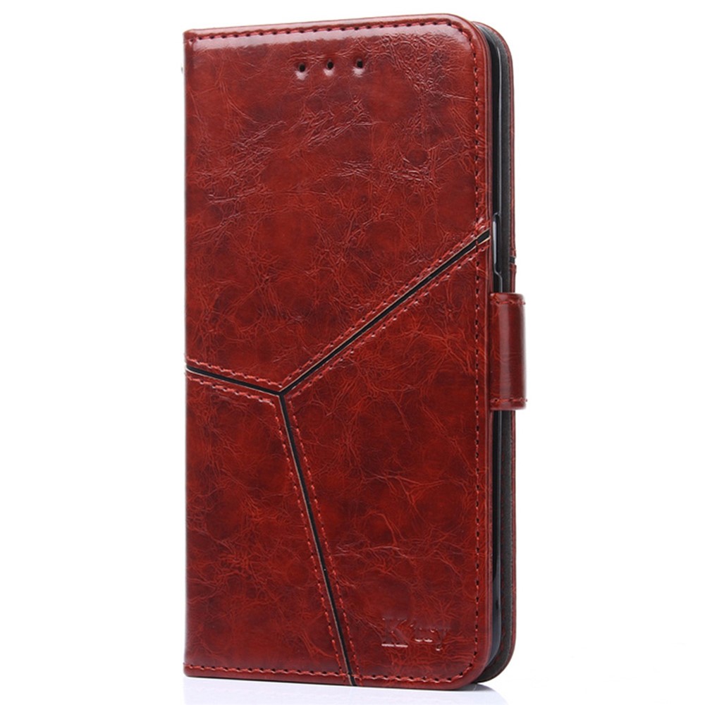 For iPhone 14 6.1 inch Anti-drop PU Leather Phone Case Splicing Geometric Pattern Protective Mobile Phone Wallet Cover with Stand - Dark Brown-9