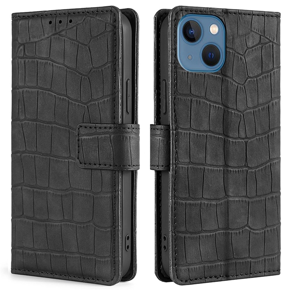 For iPhone 14 6.1 inch Shockproof Phone Case Flip Wallet Stand Crocodile Texture Skin-touch Feeling PU Leather Phone Protective Cover - Black-1