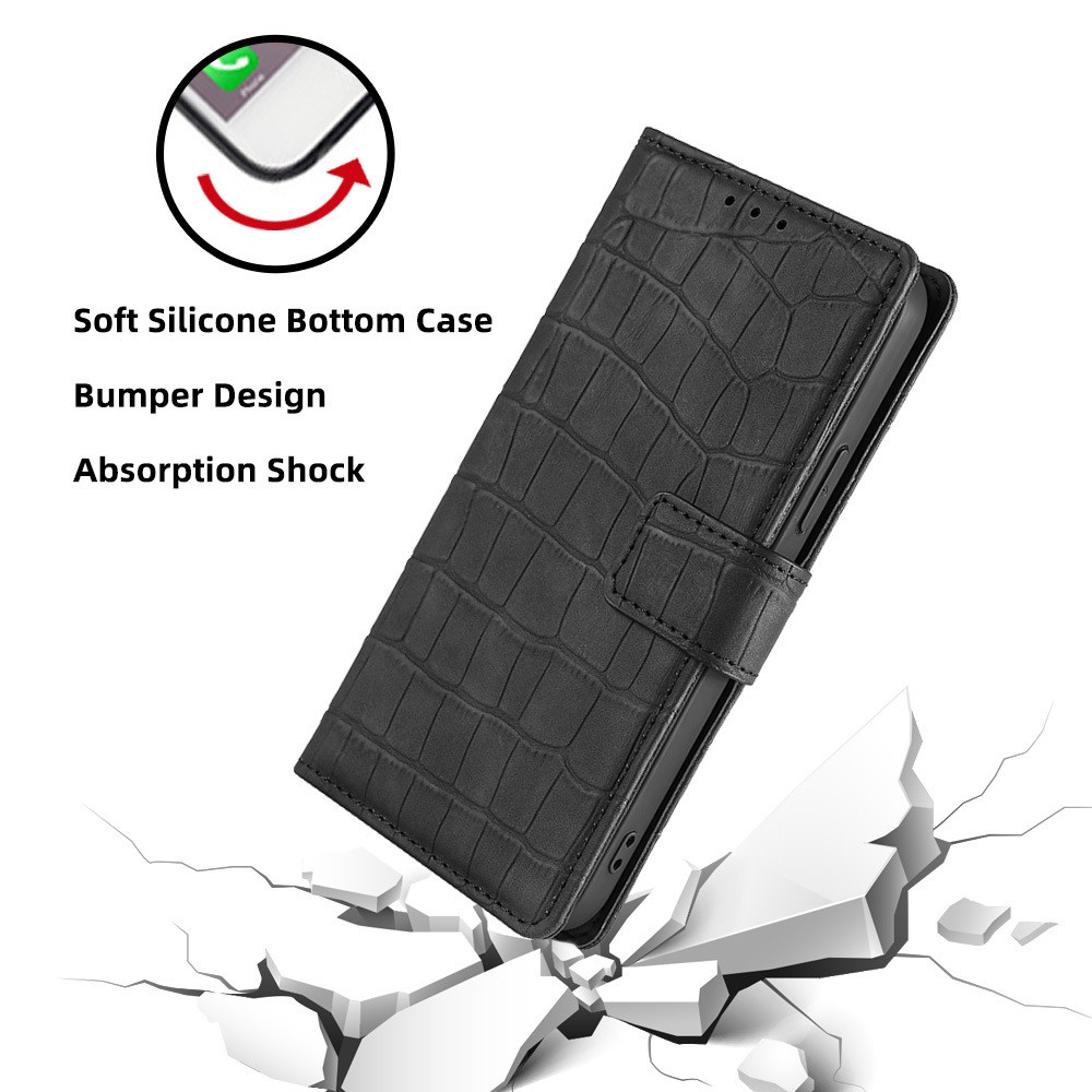 For iPhone 14 6.1 inch Shockproof Phone Case Flip Wallet Stand Crocodile Texture Skin-touch Feeling PU Leather Phone Protective Cover - Black-4