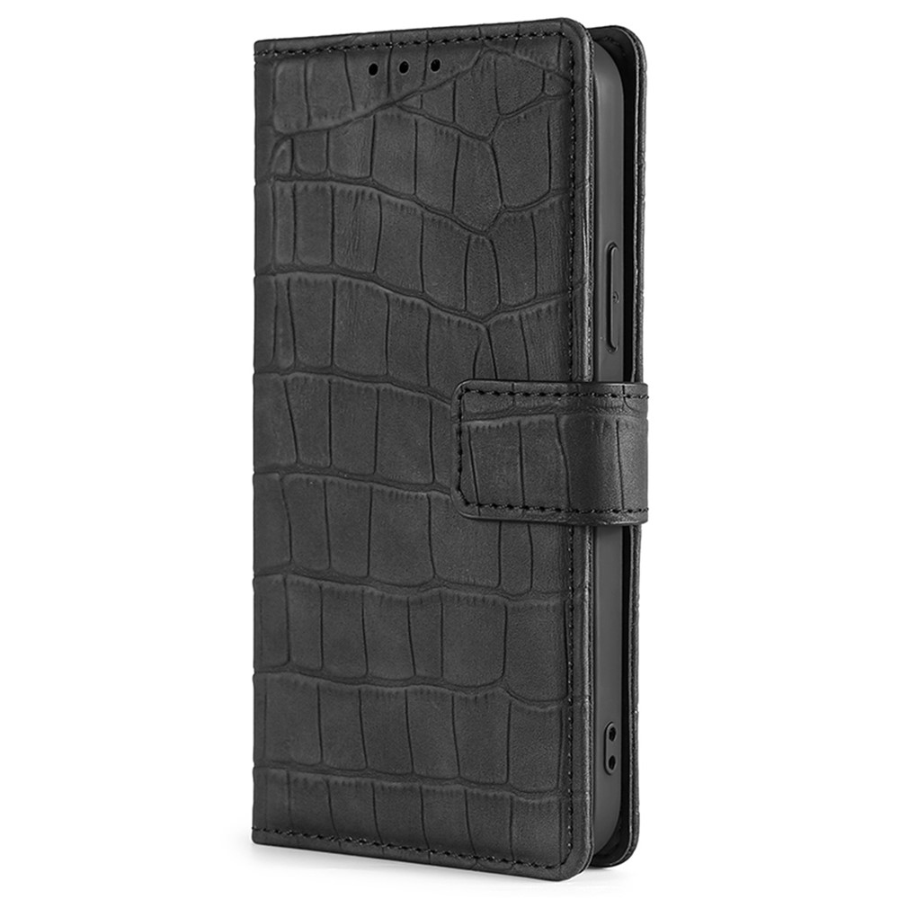 For iPhone 14 6.1 inch Shockproof Phone Case Flip Wallet Stand Crocodile Texture Skin-touch Feeling PU Leather Phone Protective Cover - Black-7