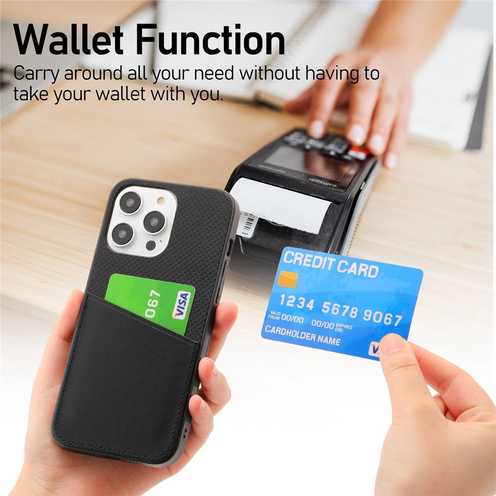For iPhone 14 Pro 6.1 inch Cowhide Leather Coated TPU + PC Hybrid Case Imprinted Surface Shockproof Phone Cover - Black-2