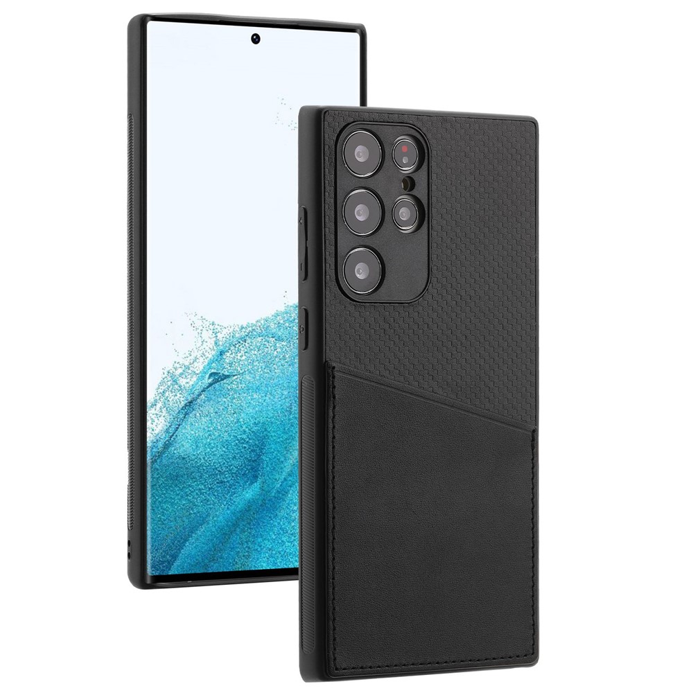 For Samsung Galaxy S22 Ultra 5G Anti-scratch Phone Case Imprinted Cowhide Leather Coated PC Mobile Phone Back Cover Card Holder - Black-1