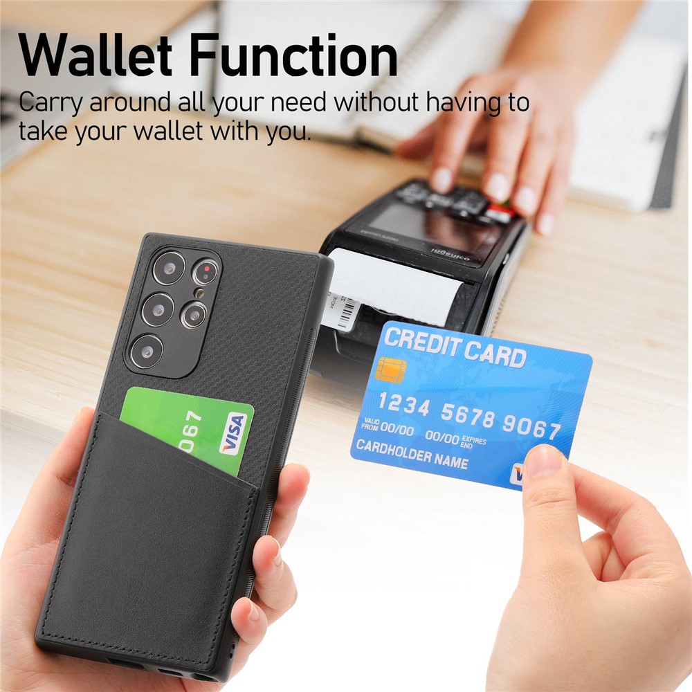 For Samsung Galaxy S22 Ultra 5G Anti-scratch Phone Case Imprinted Cowhide Leather Coated PC Mobile Phone Back Cover Card Holder - Black-2