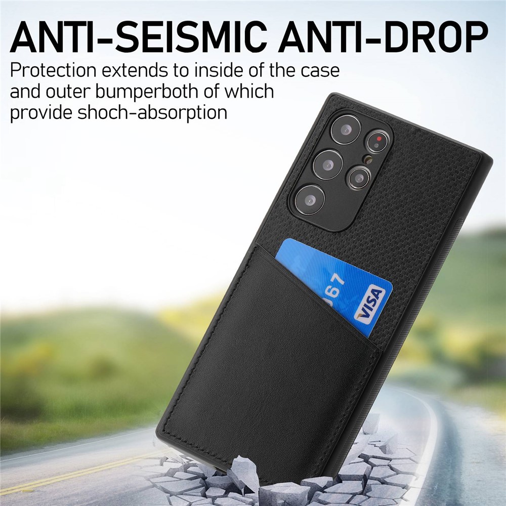 For Samsung Galaxy S22 Ultra 5G Anti-scratch Phone Case Imprinted Cowhide Leather Coated PC Mobile Phone Back Cover Card Holder - Black-3