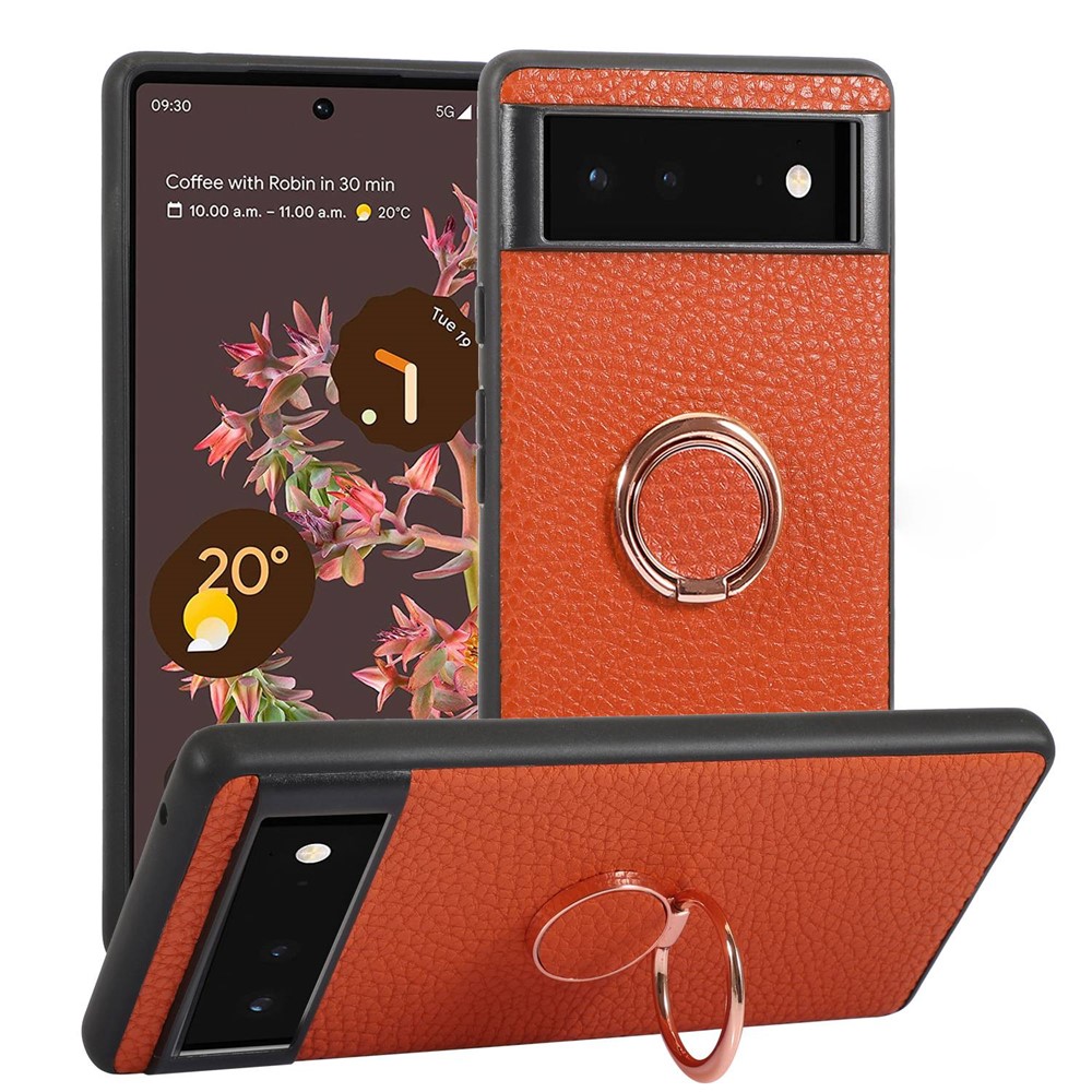 For Google Pixel 6a Anti-fall Litchi Texture Phone Case Metal Ring Holder Kickstand Cell Phone Protective Back Cover - Orange-1