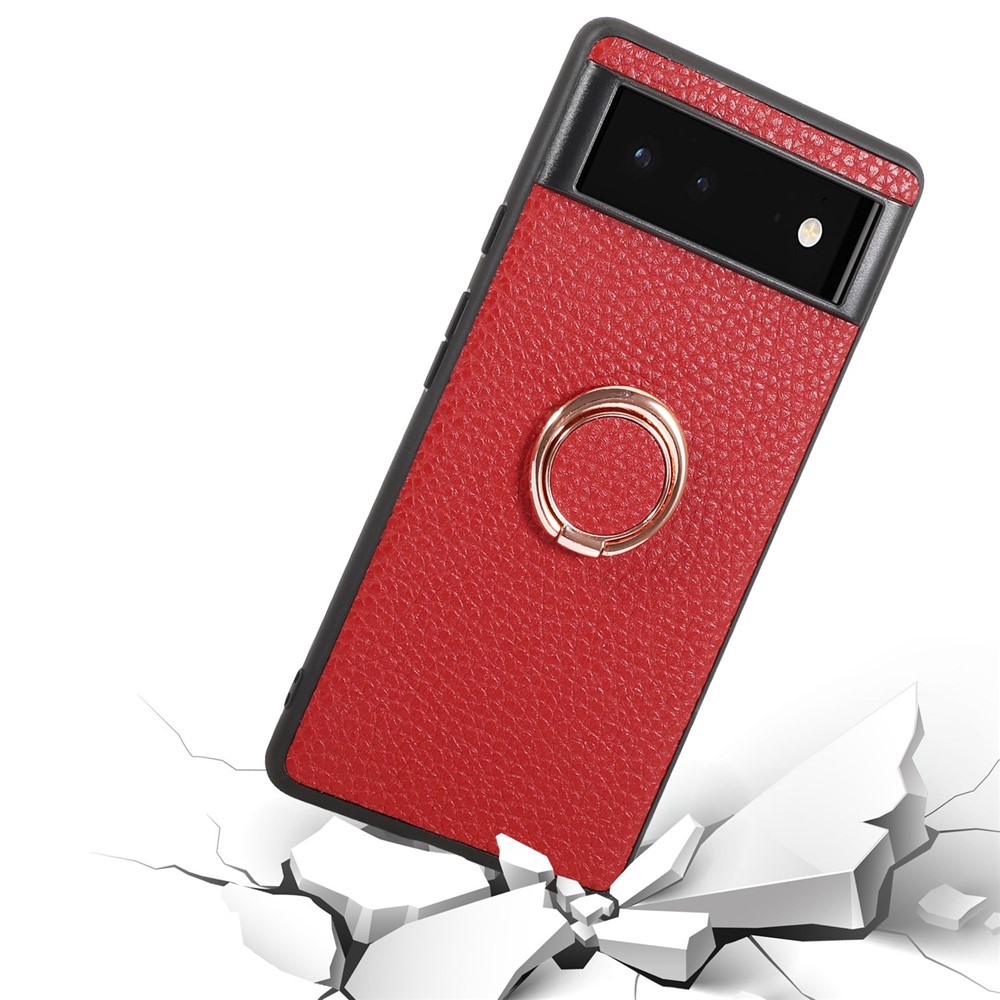 For Google Pixel 6a Anti-fall Litchi Texture Phone Case Metal Ring Holder Kickstand Cell Phone Protective Back Cover - Orange-4