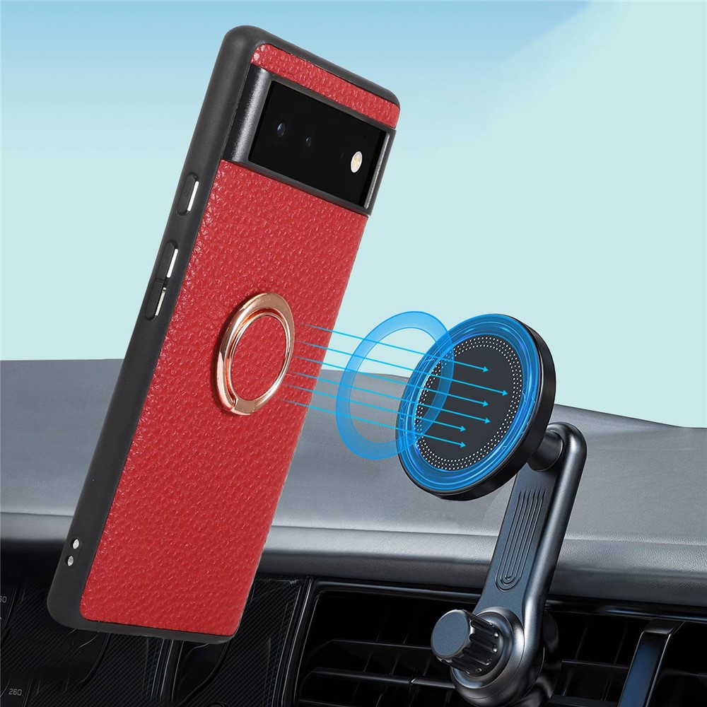 For Google Pixel 6a Anti-fall Litchi Texture Phone Case Metal Ring Holder Kickstand Cell Phone Protective Back Cover - Orange-5