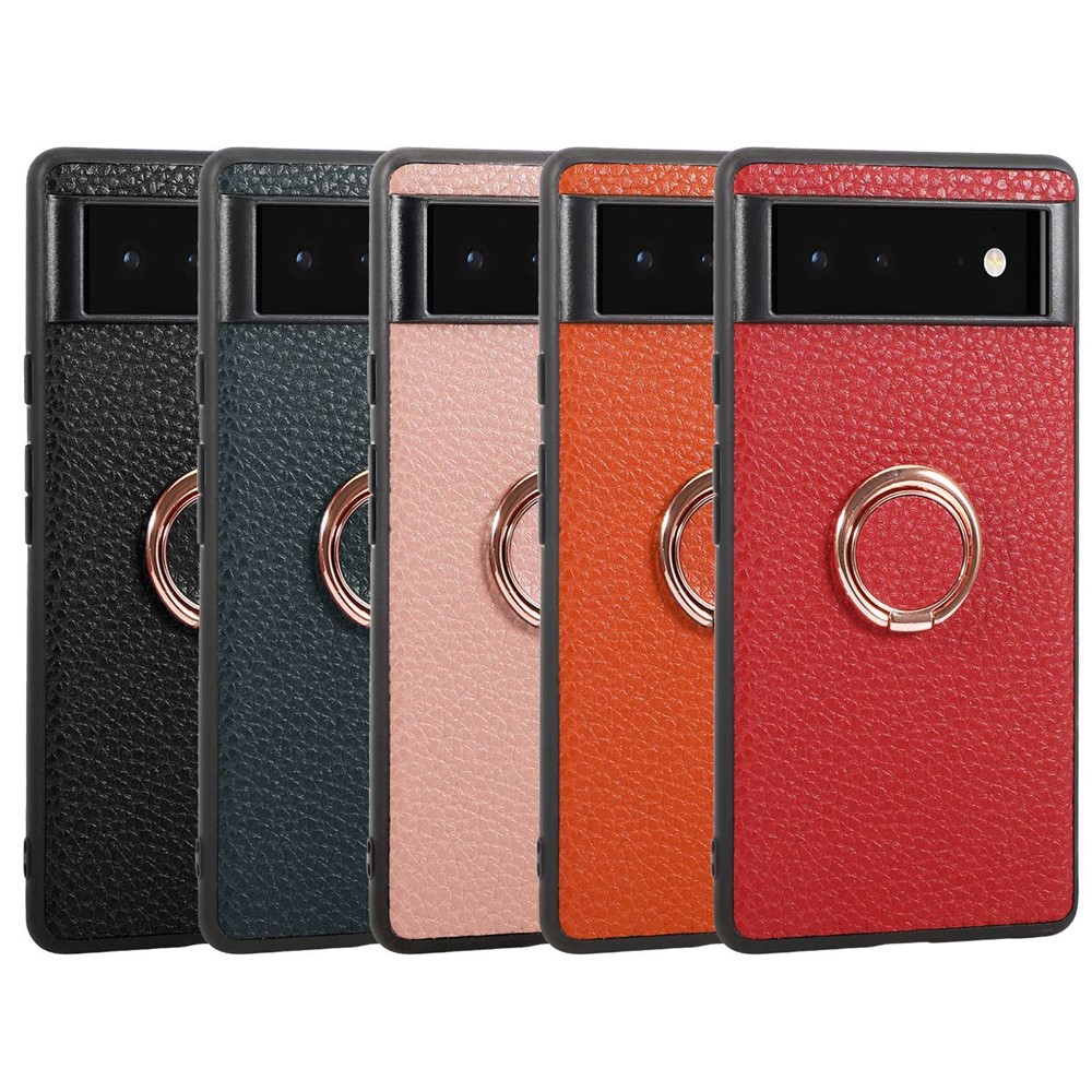 For Google Pixel 6a Anti-fall Litchi Texture Phone Case Metal Ring Holder Kickstand Cell Phone Protective Back Cover - Orange-7