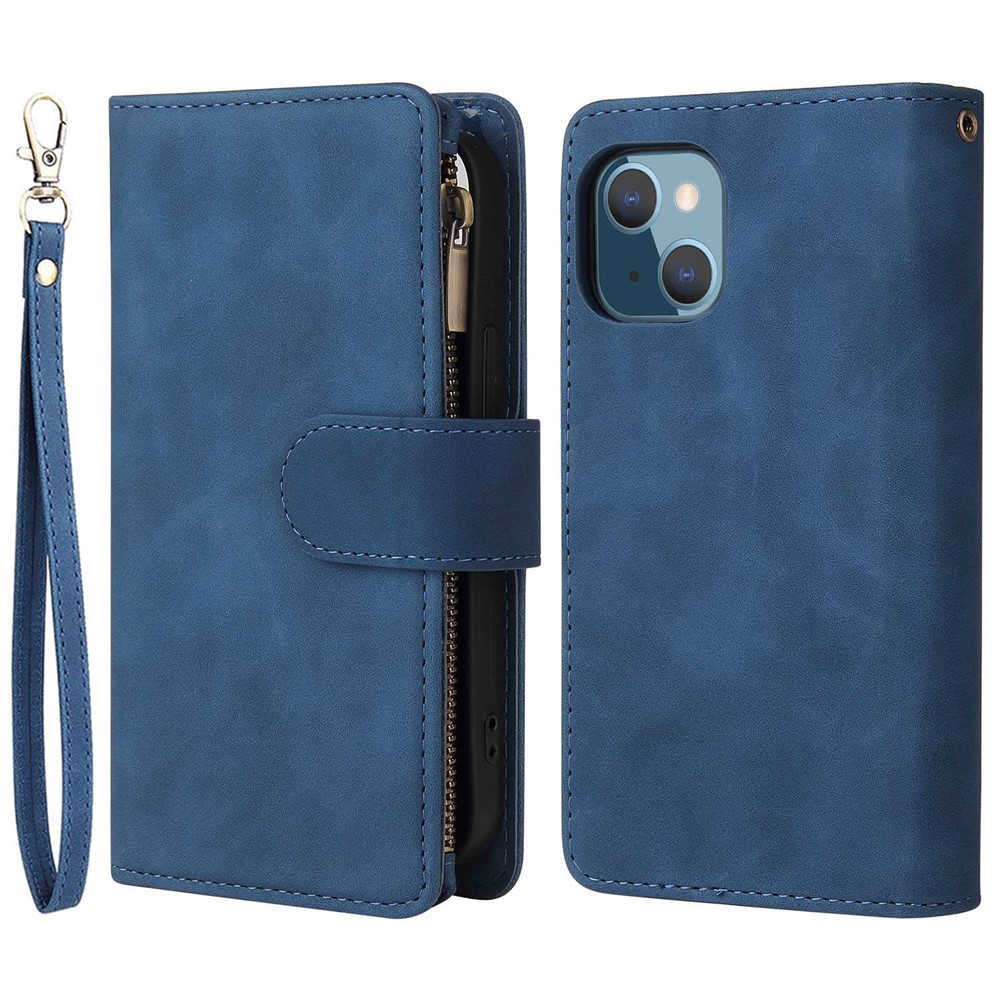 For iPhone 13 mini 5.4 inch PU Leather Phone Wallet Stand Cover Multi Card Slots Drop-proof Case with Zipper Pocket - Blue