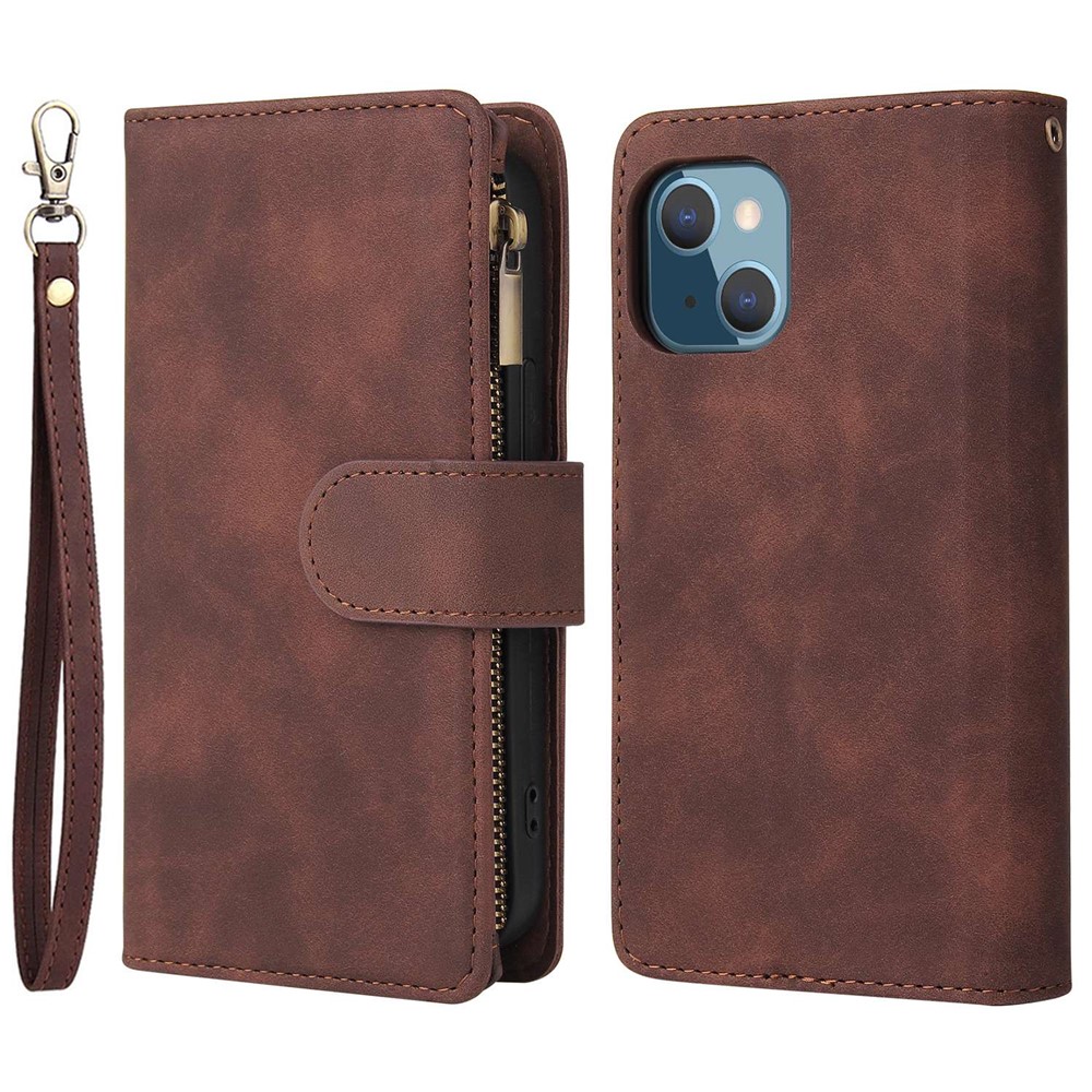 For iPhone 13 mini 5.4 inch PU Leather Phone Wallet Stand Cover Multi Card Slots Drop-proof Case with Zipper Pocket - Coffee