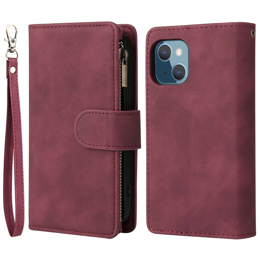 For iPhone 13 mini 5.4 inch PU Leather Phone Wallet Stand Cover Multi Card Slots Drop-proof Case with Zipper Pocket - Wine Red