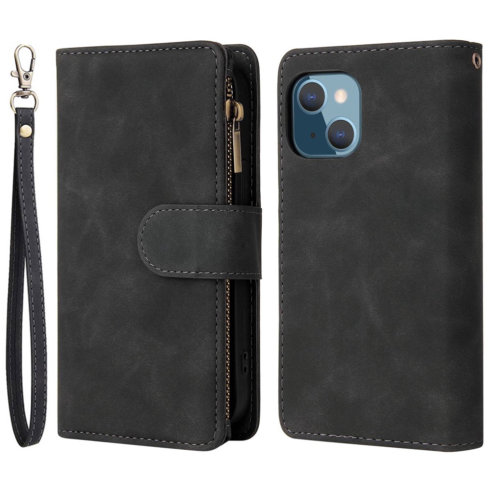 For iPhone 13 mini 5.4 inch PU Leather Phone Wallet Stand Cover Multi Card Slots Drop-proof Case with Zipper Pocket - Black