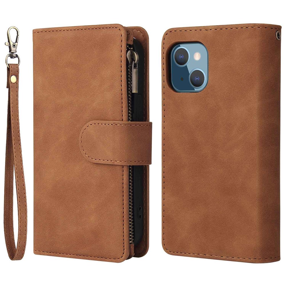 For iPhone 13 mini 5.4 inch PU Leather Phone Wallet Stand Cover Multi Card Slots Drop-proof Case with Zipper Pocket - Brown