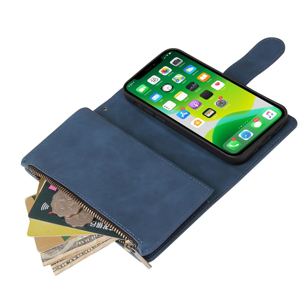 For iPhone 14 Max 6.7 inch Zipper Pocket Card Slots Design PU Leather Phone Cover Wallet Stand Drop-proof Case - Blue-5