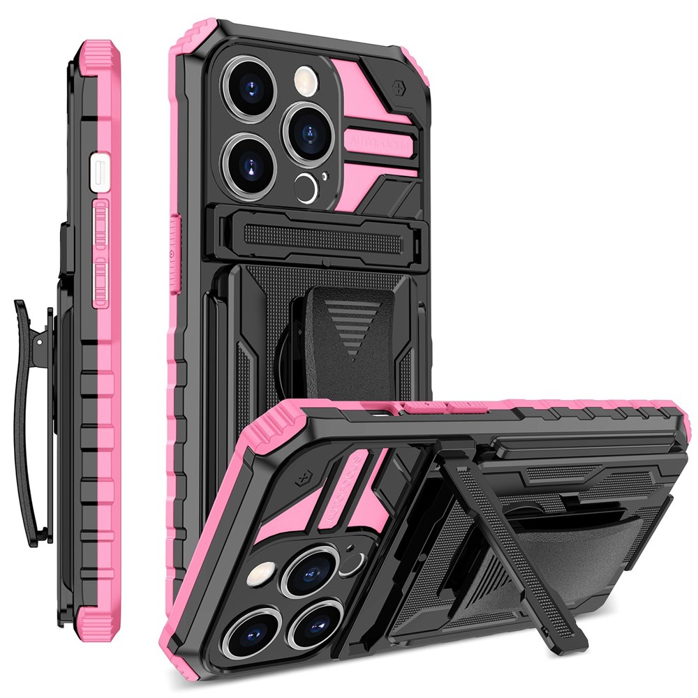 For iPhone 14 Pro 6.1 inch PC + TPU Hybrid Cover Shockproof Kickstand Phone Case with Belt Clip - Pink-1
