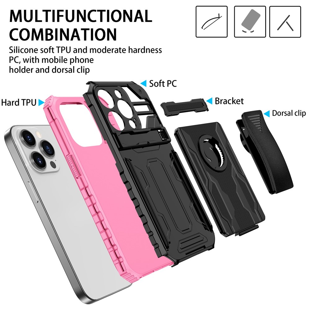 For iPhone 14 Pro 6.1 inch PC + TPU Hybrid Cover Shockproof Kickstand Phone Case with Belt Clip - Pink-9
