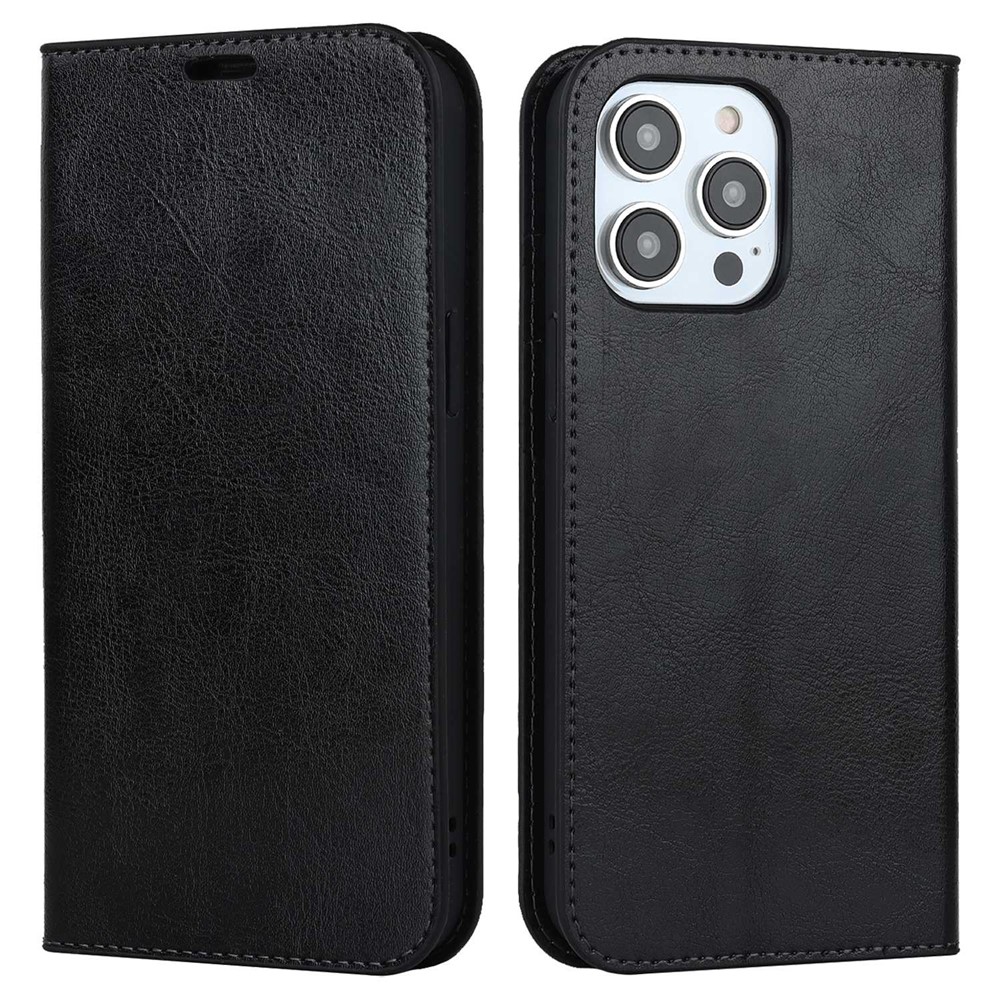 For iPhone 14 Pro Max 6.7 inch Magnetic Auto-absorbed Phone Case Crazy Horse Texture Genuine Leather Wallet Stand Folio Cover - Black-1