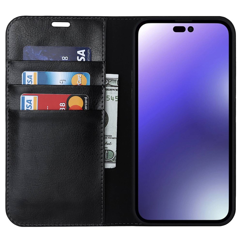 For iPhone 14 Pro Max 6.7 inch Magnetic Auto-absorbed Phone Case Crazy Horse Texture Genuine Leather Wallet Stand Folio Cover - Black-2
