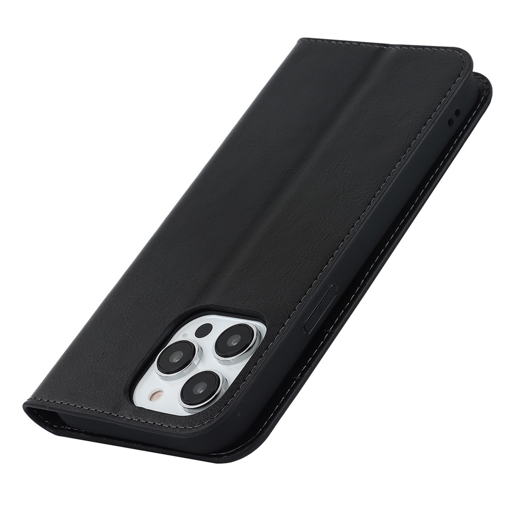 For iPhone 14 Pro Max 6.7 inch Magnetic Auto-absorbed Phone Case Crazy Horse Texture Genuine Leather Wallet Stand Folio Cover - Black-7